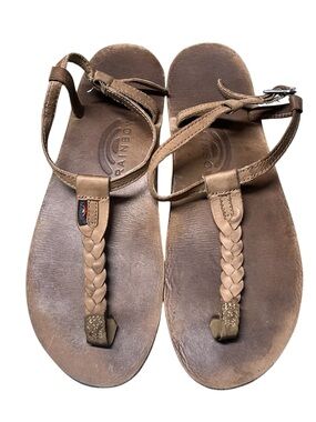 Rainbow flirty braidy t-strap brown leather braided boho sandals